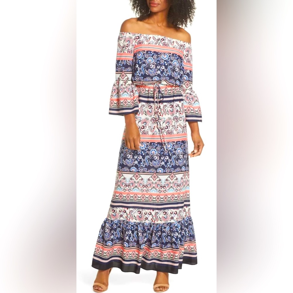 Eliza J Off Shoulder 1/2 Bell Sleeves Floral Paisley Maxi Dress w Tie Waist